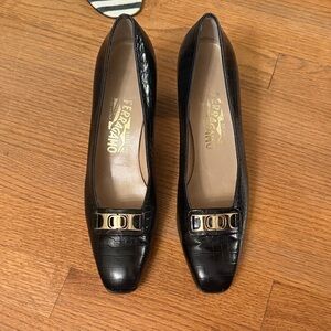 Salvatore Ferragamo Black Croc-Embossed Loafers